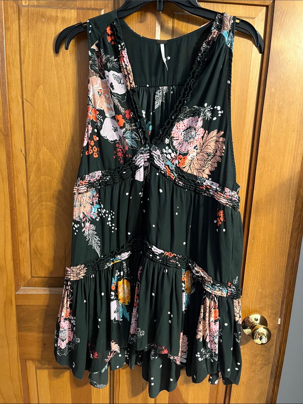 Free People Black Floral Tiered top with Pink, Orange & Teal Accents